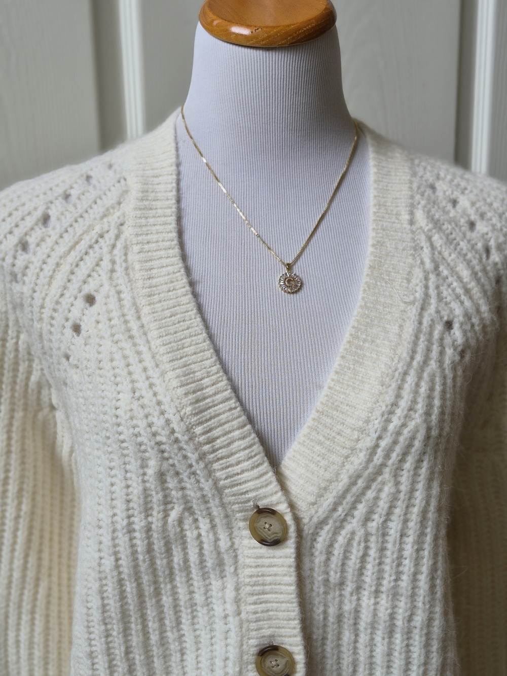 LOFT Cream Ribbed V‑Neck Button Cardigan - Picture 3 of 15